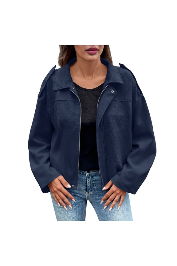 Barn Jackets for Women's Casual Sleeve Zipper Loose Suede Textured Coat Long Sleeve Hoodless Casual Coat/Jacket Navy S