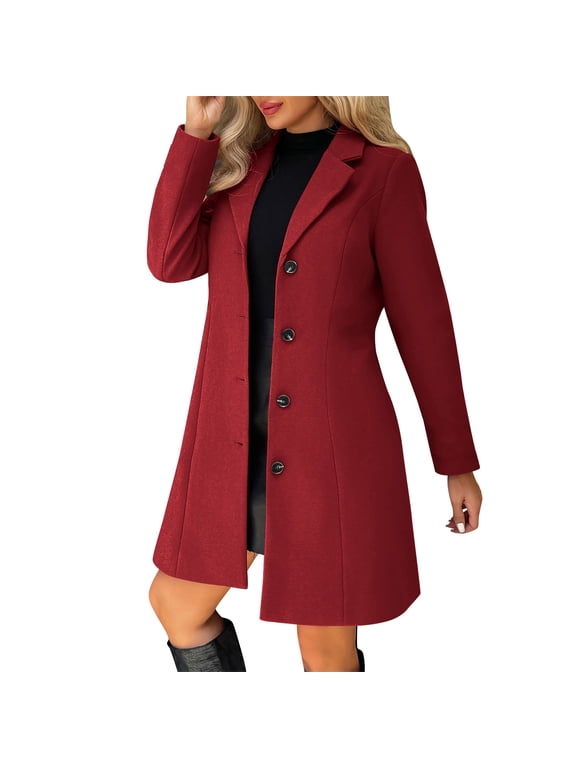 Jackets for Women's Solid Casual Thicken Wool Stand Collar Inner Lining Pocket Breasted Pea Mao Coat Red XL