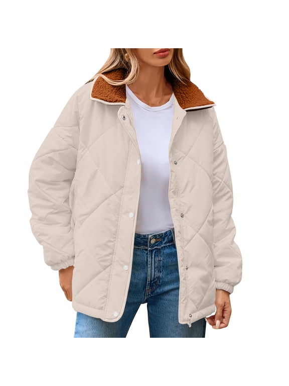 Jackets for Womens Winter Casual Quilted Jacket Long Sleeve Button Down Jacket Thickened Coat Beige M