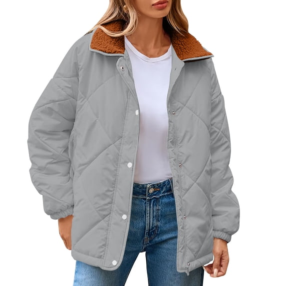 Hueook Barn Jackets for Womens Winter Casual Quilted Jacket Long Sleeve Button Down Jacket Thickened Coat Gray S
