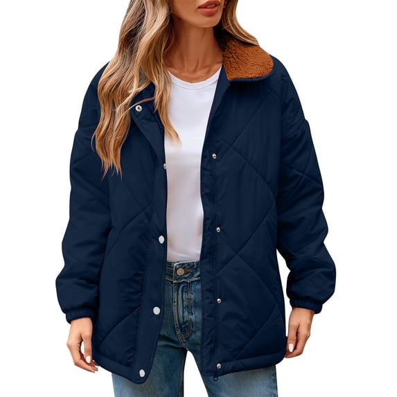 Hueook Barn Jackets for Womens Winter Casual Quilted Jacket Long Sleeve Button Down Jacket Thickened Coat Navy L