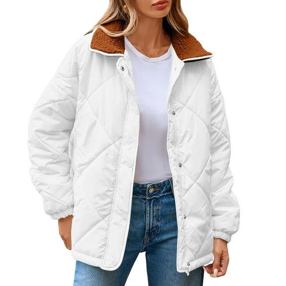 Hueook Barn Jackets for Womens Winter Casual Quilted Jacket Long Sleeve Button Down Jacket Thickened Coat White XL