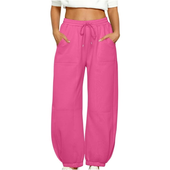 Hueook Barrel Sweatpants Women Baggy Sweatpants Sweatpants Women Baggy Pull High Waisted Joggers Athleisure Warm Trouser Sweat Pants with Pocket Hot Pink L