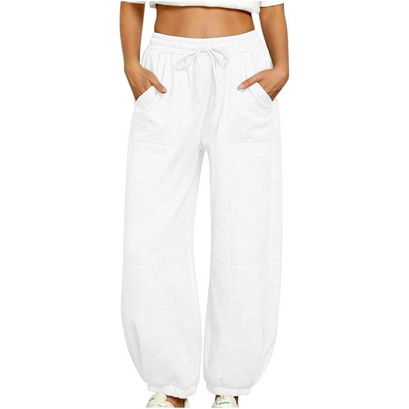 Hueook Barrel Sweatpants Women Baggy Sweatpants Sweatpants Women Baggy Pull High Waisted Joggers Athleisure Warm Trouser Sweat Pants with Pocket White L