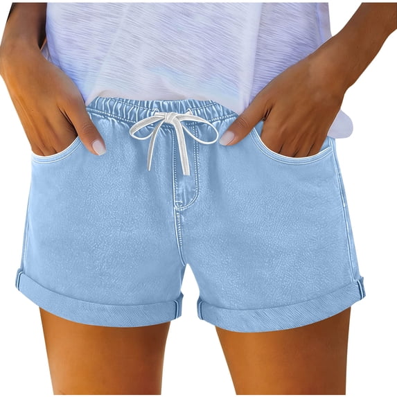 Hueook Bermuda Shorts For Women Micro Shorts Women Fashion Versatile Straight Leg Pants with Foldable Hem and Pockets High-Waisted Short Style Denim-like Fabric Light Blue 2X