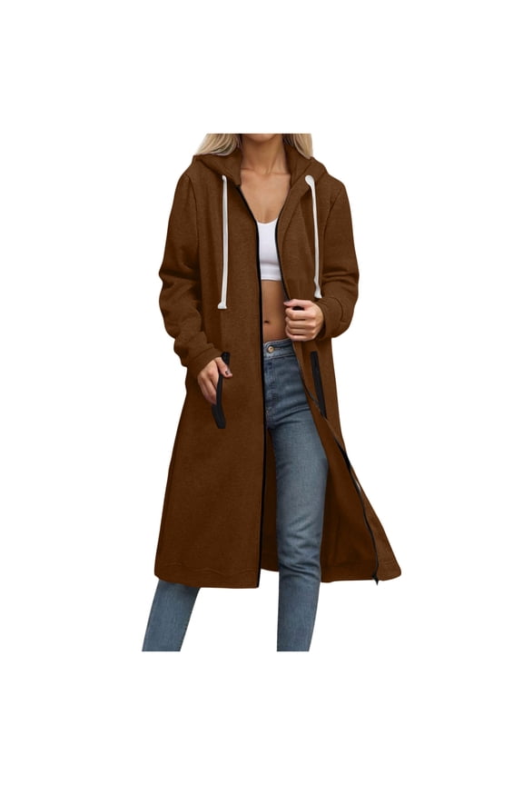 Black Jacket Women Solid Color Zipper Double Pocket Sweatshirt Long Sleeved Hooded Zipper Long Casual Outwear Brown S