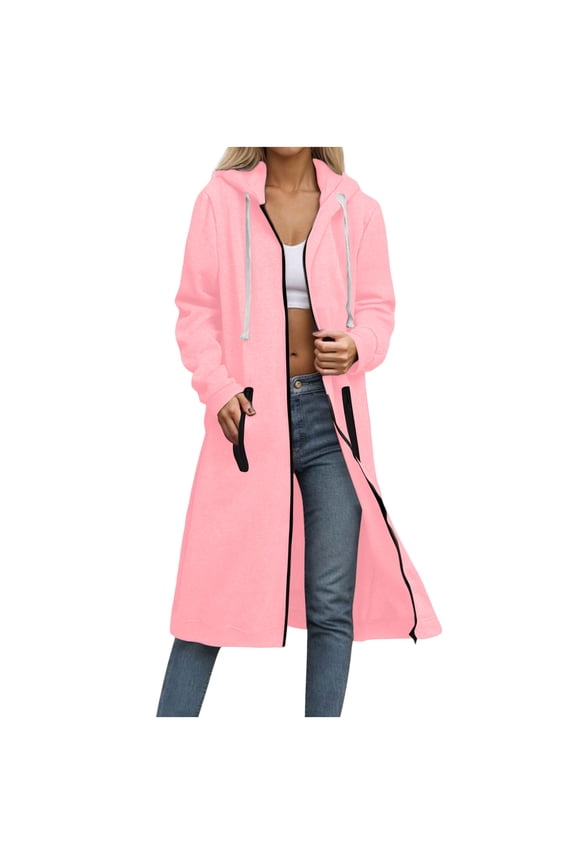 Black Jacket Women Solid Color Zipper Double Pocket Sweatshirt Long Sleeved Hooded Zipper Long Casual Outwear Pink L