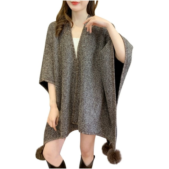 Hueook Black Jacket Women Winter Solid Color Fashionable Versatile Shawl Cape Warm Belt Decorative Ball Jacket Khaki Free Size