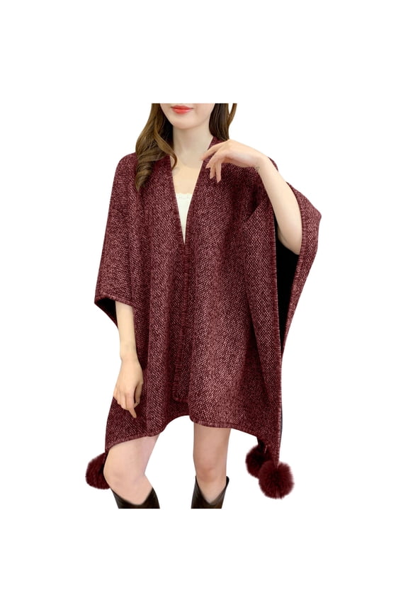 Black Jacket Women Winter Solid Color Fashionable Versatile Shawl Cape Warm Belt Decorative Ball Jacket Wine Free Size