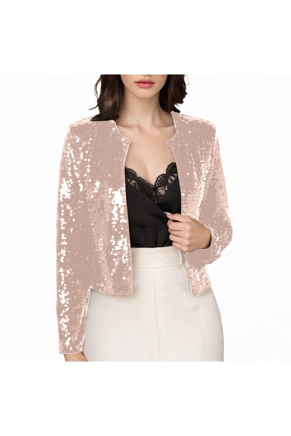 Blazer For Women Sequin Suit Jackets Single-Breasted Women Round Neck Long Sleeve Fashion Sequin Open Front Party Cropped Blazer Casual Versatile Jacket Top Gold L