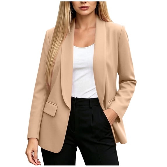 Hueook Blazer for Women Lapel Long Sleeve Open Front Casual Work Office Jacket Coat Khaki XL