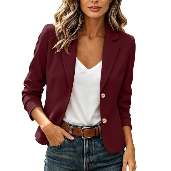 Hueook Blazer for Women Lapel Long Sleeve Single Button Casual Work Office Jacket Coat Wine L