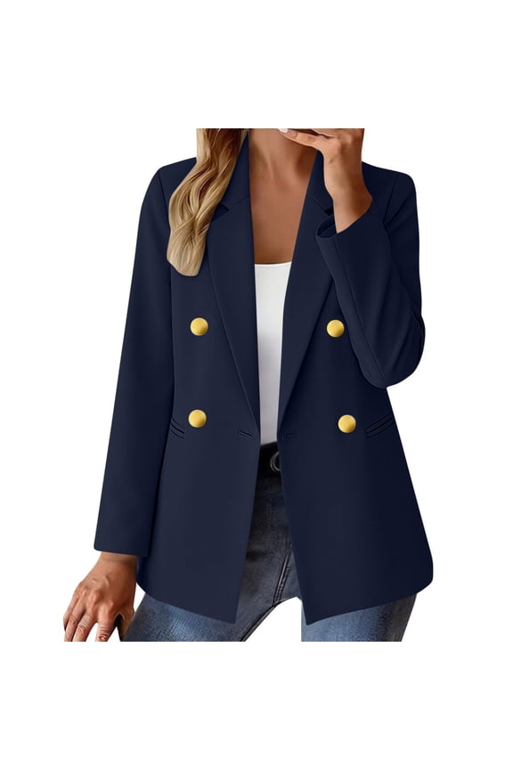 Blazers For Women Business Casual Jackets Formal Coat Women's Fashion Solid Button Pocket Long Sleeve Collared Suit Coat Casual Coat Blouse Navy M