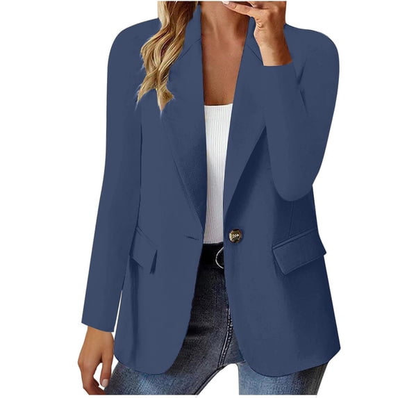 Hueook Blazers for Women Knit Tuxedo Trendy Button Suit Coat Long Sleeve Hatless Casual Jacket Navy M