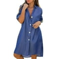thumbnail image 1 of Hueook Blouses for Women Dressy Casual Long Dresses Womens Solid-Color Button Short-Sleeved Lapel Casual Belt Pocket Shirt Dress Blue M, 1 of 6
