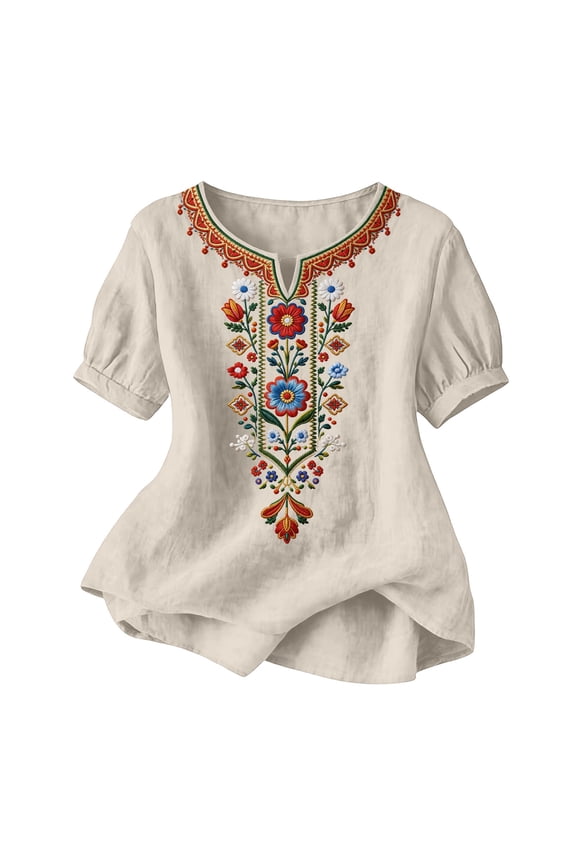 Boho Shirts Aztec Tops Ethnic Embroidered Tops for Women Short Sleeve Boho Shirts V Neck Tunic Peasant Clothes Beige 2X