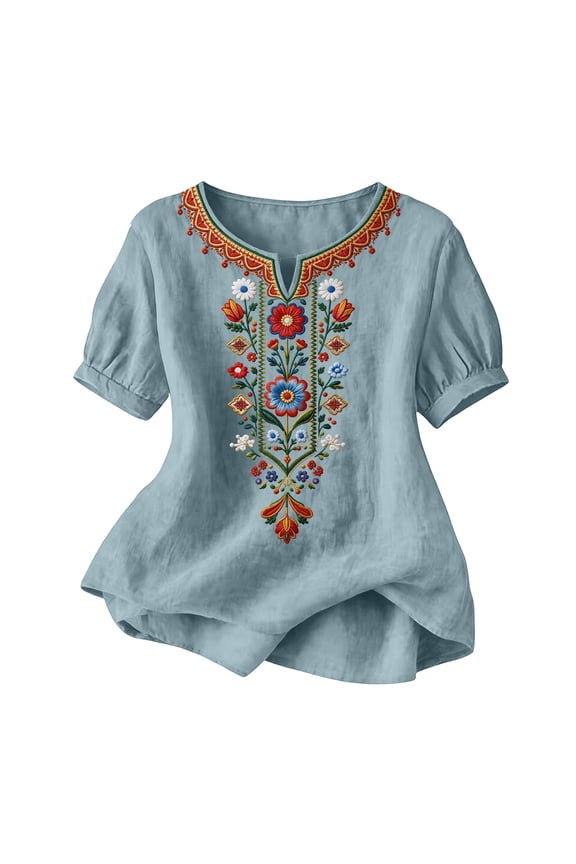 Boho Shirts Aztec Tops Ethnic Embroidered Tops for Women Short Sleeve Boho Shirts V Neck Tunic Peasant Clothes Light Blue L