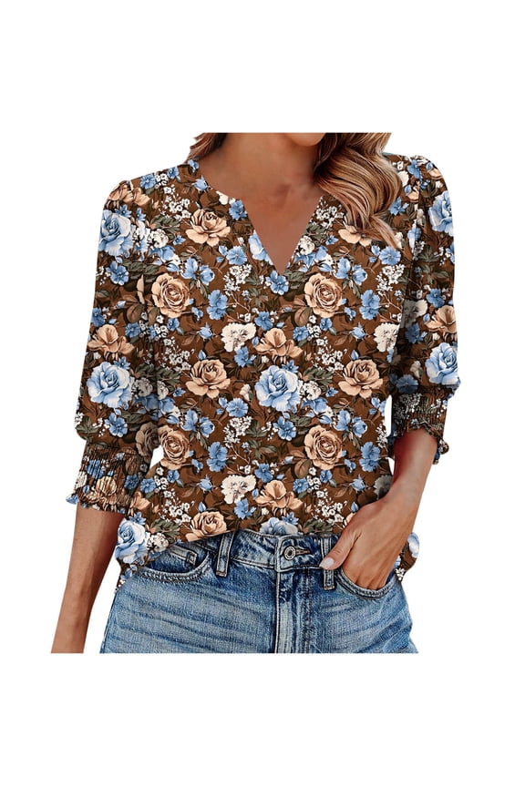 Boho Tops Aztec Graphic Western Tribal Ethnic Country Concert Blouse Womens Casual Printed 3/4 Length Sleeve Smocked Cuffs Brown S