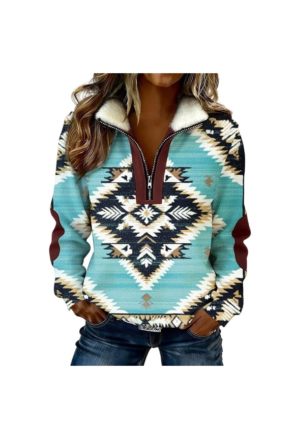 Boho Tops for Women 2026 Quarter Zip Pullover Aztec Womens Colorblocked Semi-Zip Long Sleeve Turn-Down Collar Casual Sweatshirt Jacket Top Multicolor S