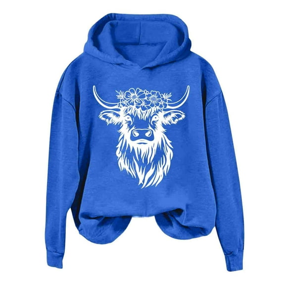 Hueook Boho Tops for Women Casual Printed Round Neck Long Sleeved Top Loose Hooded Sweatshirts Blue L