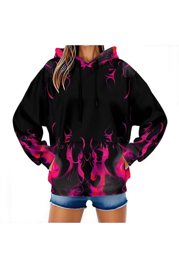 Boho Tops for Women Fall and Winter Men and Women Hooded Sweater Flame Printing Pullover Blouse with Pocket Hot Pink L