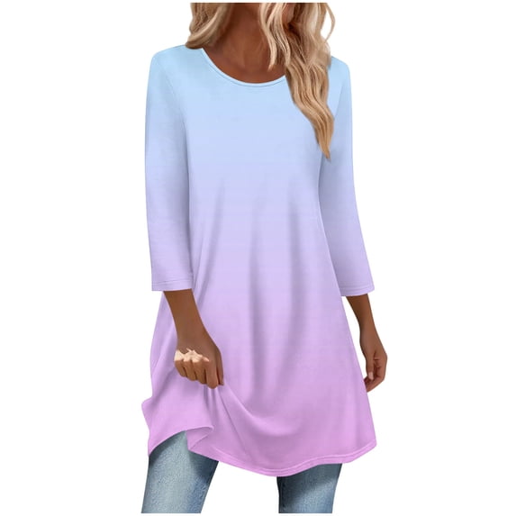 Hueook Boho Tops for Women Fashion 3/4 Sleeve Long Top with Curved Bottom Sky Blue S