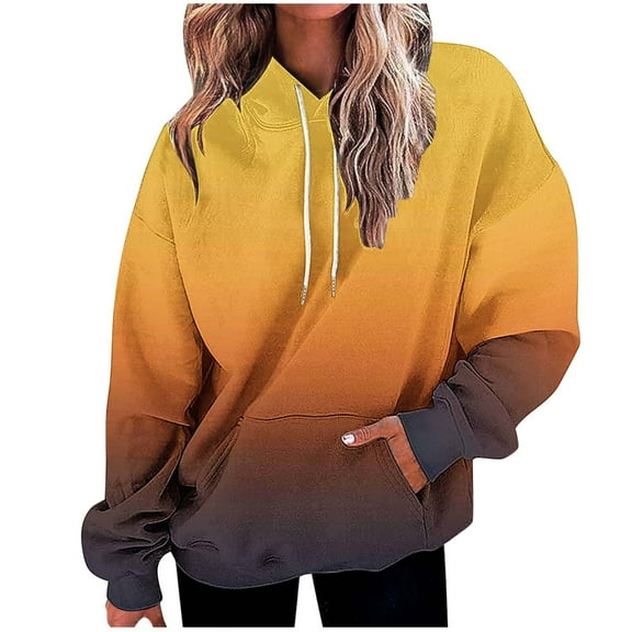 Hueook Boho Tops for Women Gradient Printed Pocket Hat Rope Hooded Cover Fashionable Sweatshirts Yellow M