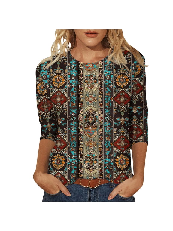 Boho Tops for Women Plus Size Aztec Shirt 3/4 Sleeve Round Neck Halloween Printed Casual Fashion Top Multicolor L