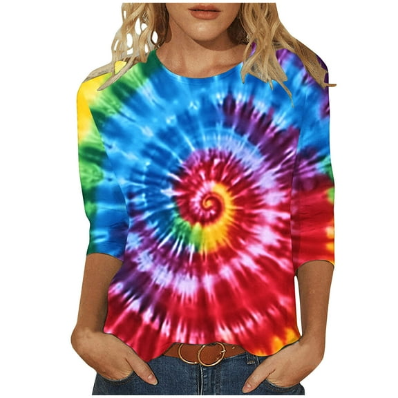 Hueook Boho Tops for Women Printed Round Neck Three Quarter Sleeve 3/4 Sleeve T-shirt Loose Multicolor 4X