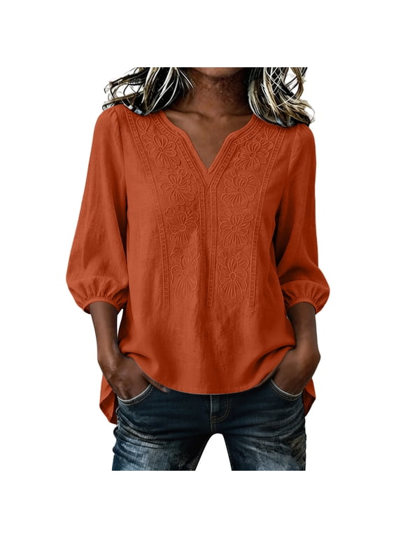 Boho Tops for Women Trendy Embroidered Gauze Women's Casual Loose Bohemian V-neck High and Low Hem Linen Embroidered Top Orange S