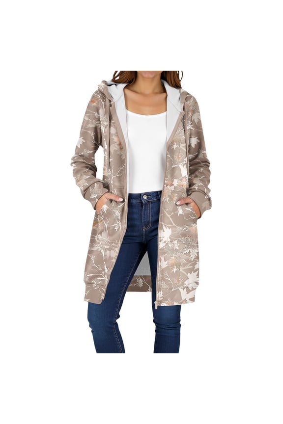 Boho Tops for Women Winter Casual Zipper Long Sleeve Pocket Hooded Mid-Length Printed Jacket Khaki S