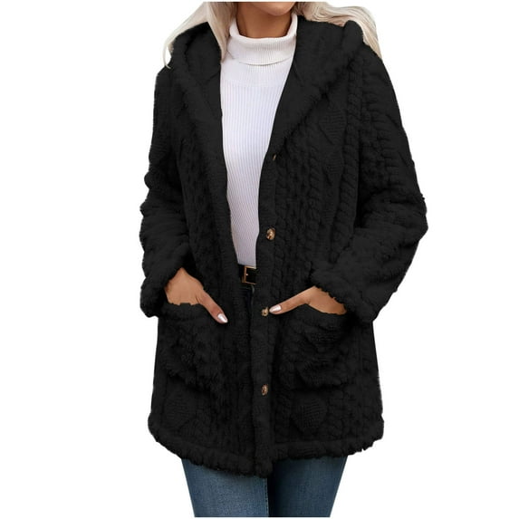 Hueook Bomber Jacket Women Long Solid Pattern Front Button Pocket Winter Leisure Loose and Warm Fleece Hooded Jacket Outwear Black L