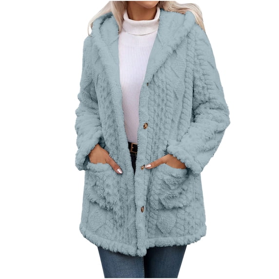 Hueook Bomber Jacket Women Long Solid Pattern Front Button Pocket Winter Leisure Loose and Warm Fleece Hooded Jacket Outwear Blue M