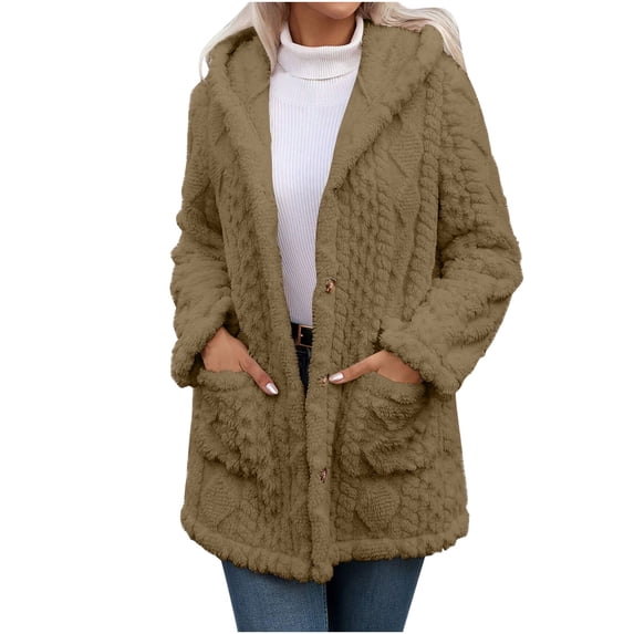 Hueook Bomber Jacket Women Long Solid Pattern Front Button Pocket Winter Leisure Loose and Warm Fleece Hooded Jacket Outwear Coffee S