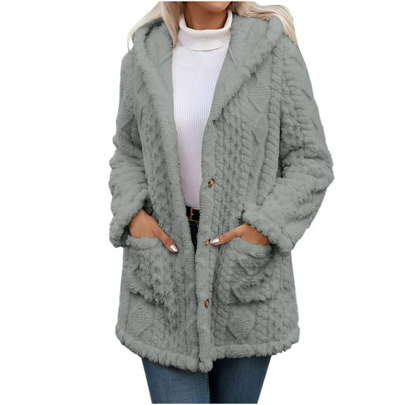 Hueook Bomber Jacket Women Long Solid Pattern Front Button Pocket Winter Leisure Loose and Warm Fleece Hooded Jacket Outwear Gray L