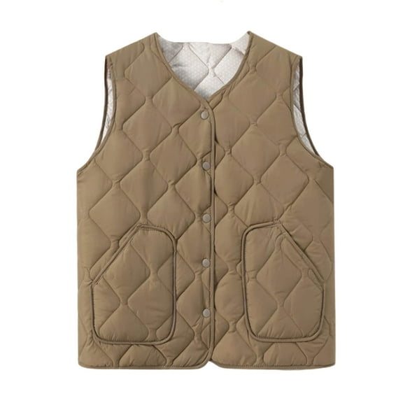 Hueook Bomber Jacket Women Thin Solid Color Sleeveless V-neck Zipper Pocket Bottoming with Waistcoat Jacket Khaki L2