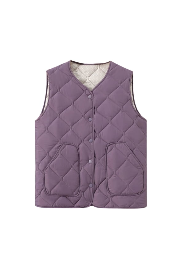 Bomber Jacket Women Thin Solid Color Sleeveless V-neck Zipper Pocket Bottoming with Waistcoat Jacket Purple L2