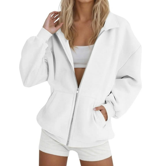 Hueook Bomber Jacket Women Women Sweatshirt Zip Up Fall Fashion Turn Down Collar Long Sleeve Jackets Winter Clothing Outfits White 3X