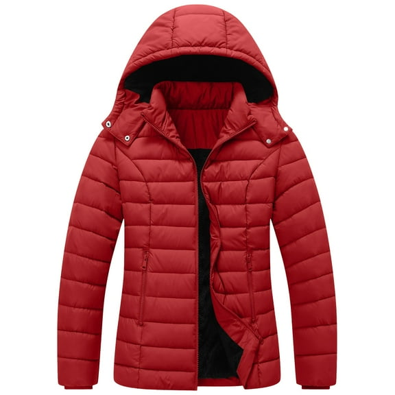 Hueook Bomber Jacket WomenWinter Solid Color Warm Zipper Pocket Long Sleeve Hooded Casual Jacket Red 2X