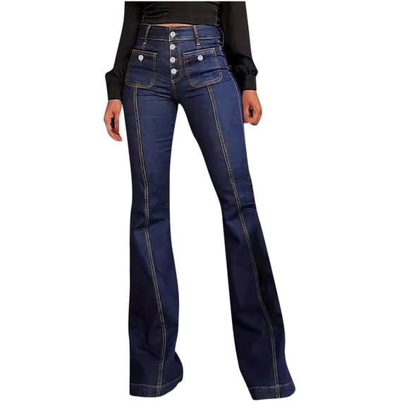 Hueook Bootcut Jeans Straight Leg Jeans For Women's High Waisted Buttoned Solid Color Slim Denim Pants with Patchwork Pockets Dark Blue M