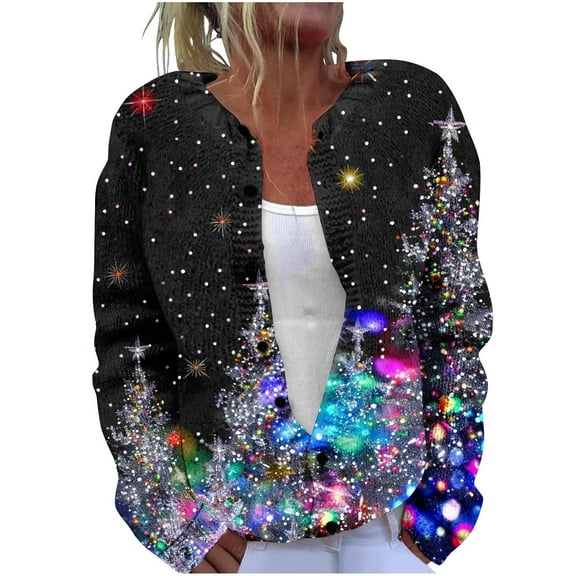 Hueook Brown Jacket Women Casual Christmas Printed Knitted Cardigan Button Up Jacket Coat Multicolor L