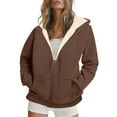thumbnail image 1 of Hueook Brown Jacket Women Solid Color Zipper Long Sleeve Casual Fleece Hooded Pocket Coat Coffee M, 1 of 7