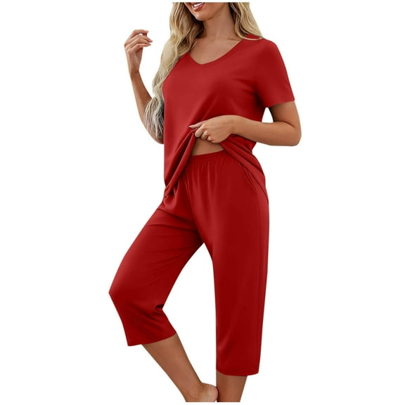 Hueook Business Casual Outfits for Women 2PC Fashion Woman-Neck Solid Short Sleeve Blouse  Long Pants Elastic Waist Pockets Sets Red M