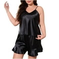 thumbnail image 1 of Hueook Button Down Pajamas Women Solid Color Large Size Frill Silk-Like Shorts Backless Pajamas Set Black 3X, 1 of 5