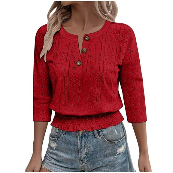 Hueook Button Down Shirt Women Fashion Women's Comfortable V-Neck 3/4 Sleeve Solid Casual T-shirt Blouse Red M