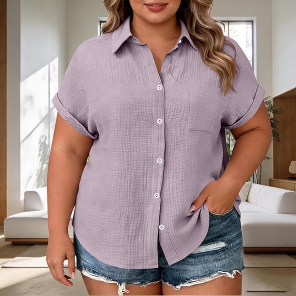Hueook Button Down Shirts For Women Oversized Tshirts Women's Plus Size Short Sleeve Button Down Shirt with Notch Collar and Patch Pockets Purple 3X