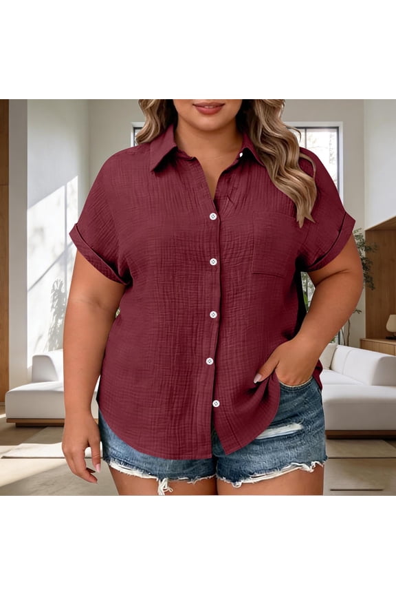 Button Down Shirts For Women Oversized Tshirts Women's Plus Size Short Sleeve Button Down Shirt with Notch Collar and Patch Pockets Wine 3X