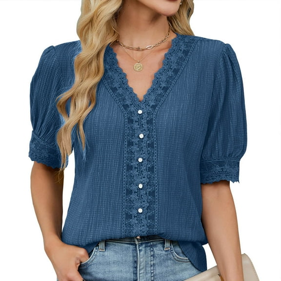 Hueook Button Down Shirts for Women Casual Boho Short Sleeve Summer Round Neck Loose Shirts Lace Casual Solid Blouses Navy L