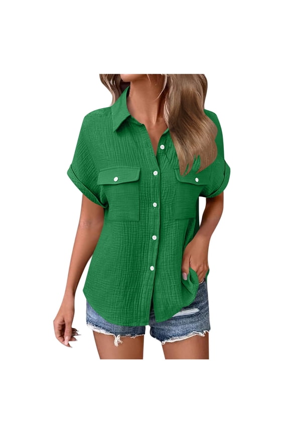 Button Tops for Women Smocked Elegant Woman Fashion Solid Color Button Pocket Short Sleeve Turndown Collar Blouse Tops Green 2X