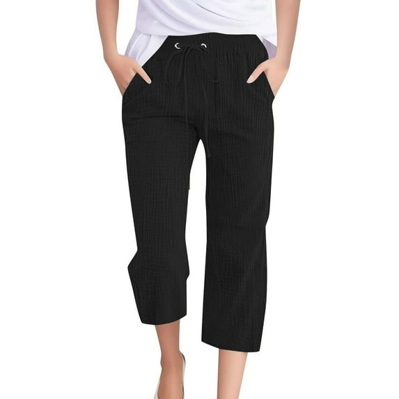 Hueook Capri Leggings Plus Size Pants Fashion Womens Casual Color Elastic Loose Pants Capris with Pocket Black 3X